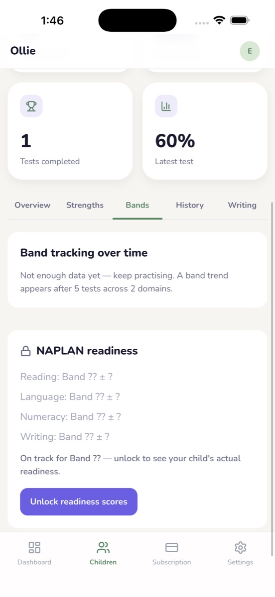 Eucaly's parent view on an iPhone: tests completed, the latest score, and band tracking for reading, language, numeracy and writing.